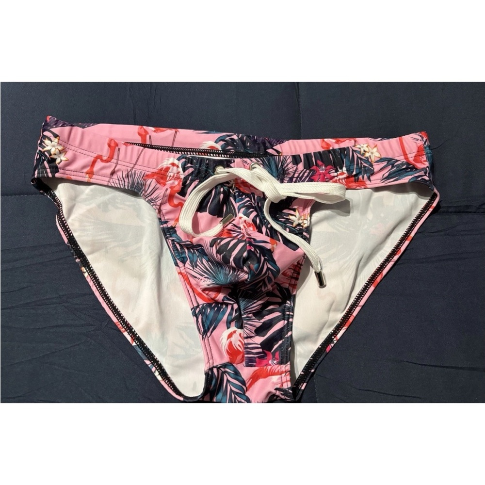 Men's Pink Tropical Floral Swim Briefs with Drawstring